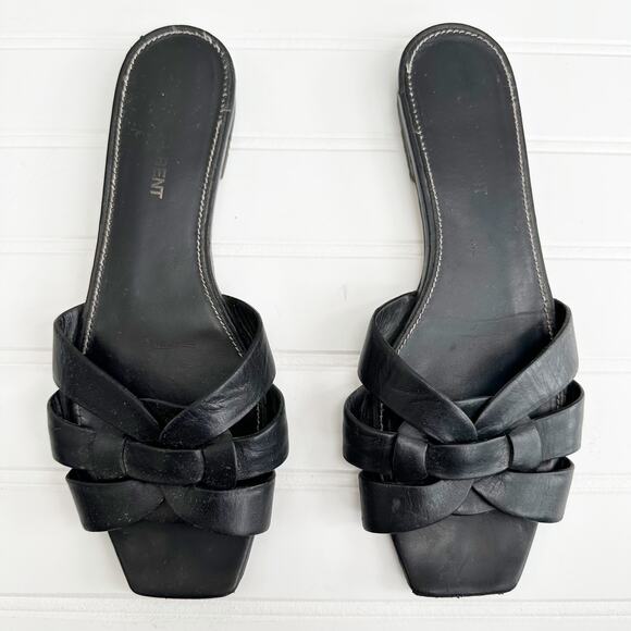 Saint Laurent Tribute Sandal Flat Mules Black Slides Smooth Leather - Picture 3 of 9